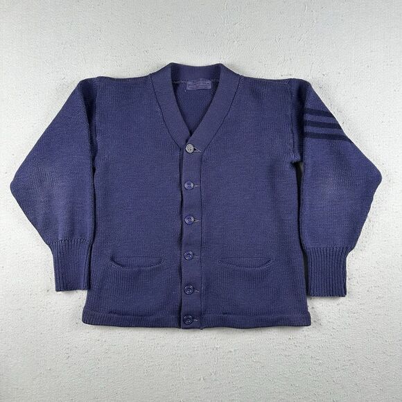 Vintage 50s 60s Varsity Cardigan Sweater Small Indigo Dyed Wool 3 Stripe Sleeve - Picture 1 of 16